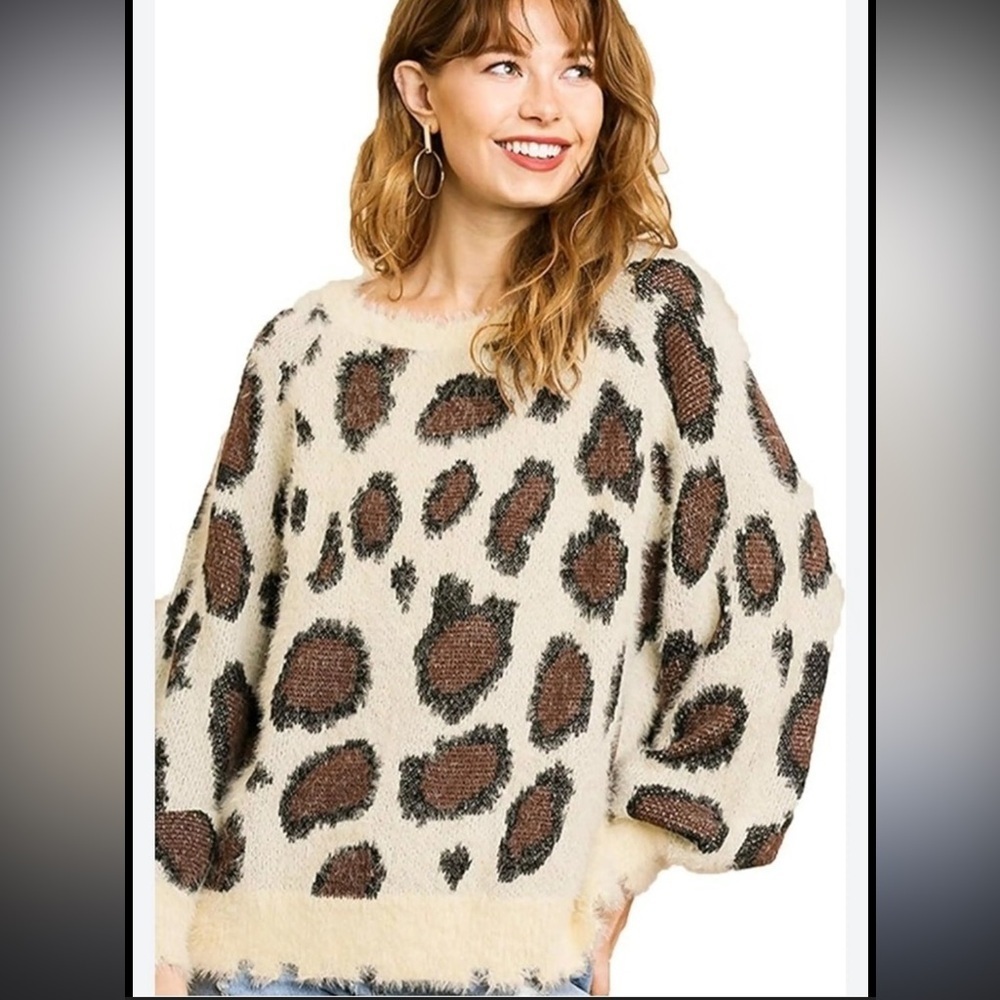 Umgee Women's Chic Fuzzy Leopard Print Knit Sweater - Cream, Black and Brown